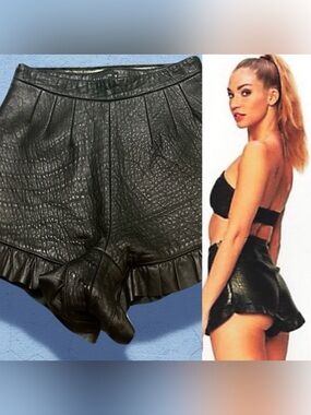 Malibu Merino Black Natural Leather Ruffle-Hem Skort M